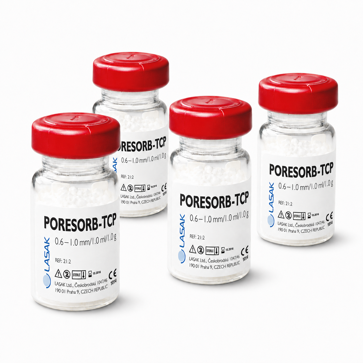 Produktflaschen von PORESORB-TCP mit roten Verschlusskappen